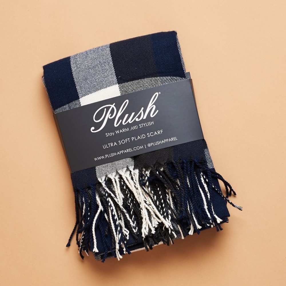 Plush ultra soft plaid scarf - navy blue and white